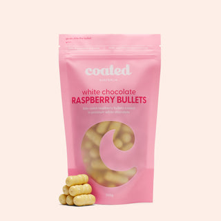 White Chocolate Coated Raspberry Bullets - Coated Australia - Melbourne Chocolates