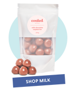 Coated Australia - Shop by Milk Chocolate. Milk Chocolate Coated products. Australian made. Made in Melbourne. Standing white bag, filled with milk chocolate raspberries with a 'shop milk' title.